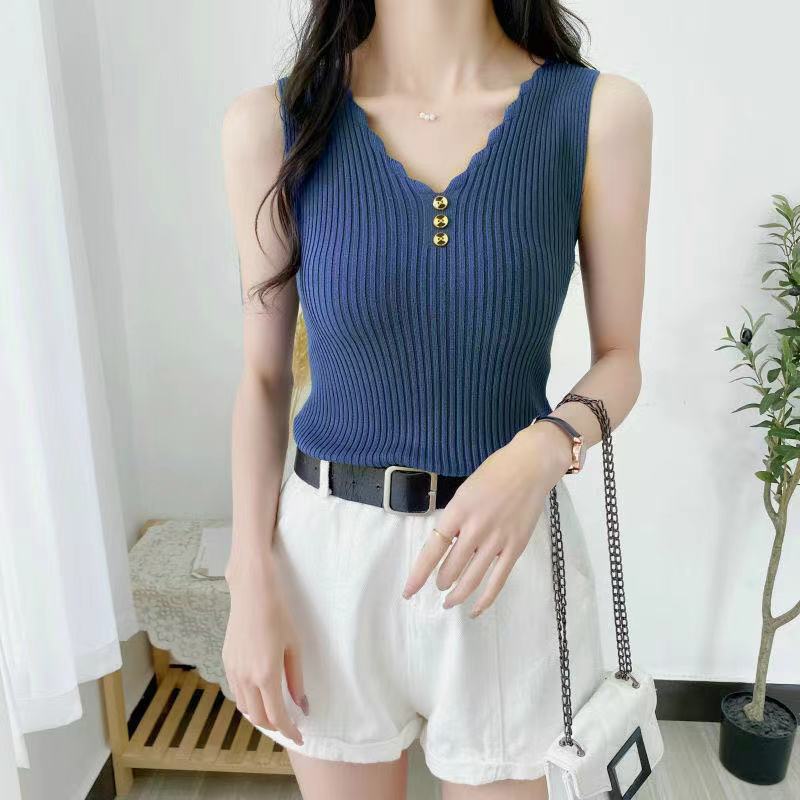 Ice Silk Small Suspender Sleeveless Vest for Women's Summer Outer Wear with Loose Short V-neck Knitted Bottoming Shirt Top