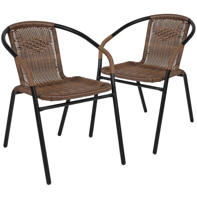 Set of 2 Modern Rattan Stack Chairs Indoor/Outdoor Patio Curved Back Cross Bracing Brown, Customized