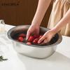 2 in 1 Stainless Steel Rice Washing Basin With Drain Net Oval Shape 304 Vegetable Washing Basin Kitchen Home Fruit Drain Basket