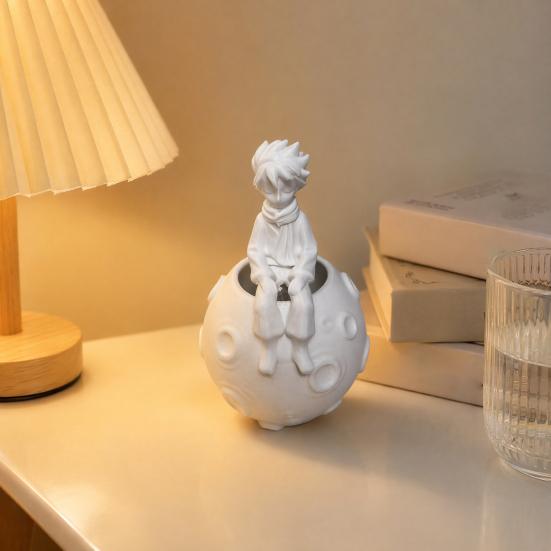 Artistic Office Desk Accessory 3D Printed Little Prince on Planet Pen Holder, Multi-Functional Hollow Storage for Literary Art Ornament Pencil Makeup