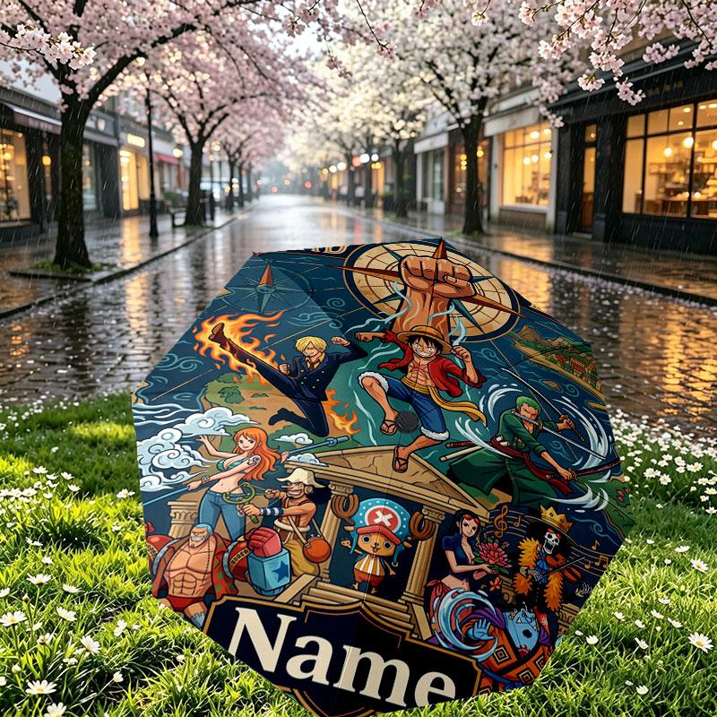 Custom Name Personalized ONE PIECE Print Umbrella, Auto Open Close, 8‑Rib Sturdy Frame, Commute Camping Hiking Use, Birthday Gift