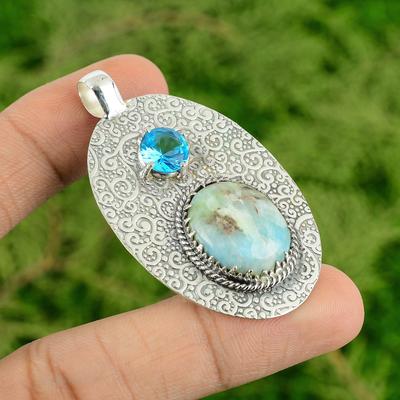 Piatra Larimar Topaz Albastru Elvețian Argint Sterling 925 Bijuterii Pandantiv Aniversar