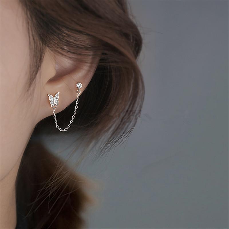 1 Paire Boucles d'Oreilles Pendants Longues Chaîne avec Pompon Couleur Argent Sterling Papillon Perle Ronde pour Femmes Filles Bijoux Pendientes Eh1668 Chaîne Tendance