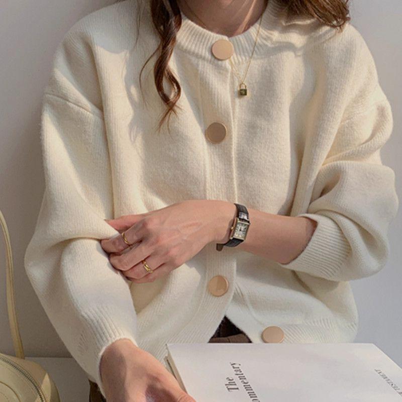 Womens Knit Cardigan Round Neck Metal Buttons Loose Fit Short Sweater Commute