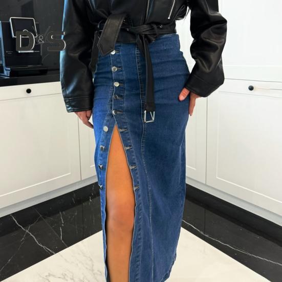 Women Denim Skirt High Waist Buttons Placket Solid Color Midi Skirt Irregular Slit Design Mid-calf Length Skirt