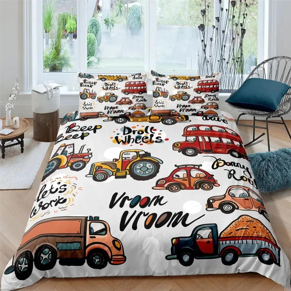 Excavator Tractor Cartoon Machinery Bulldozer Trucks Comfortable Duvet Quilt Cover Pillowcase Bedding Set Children Home Textile