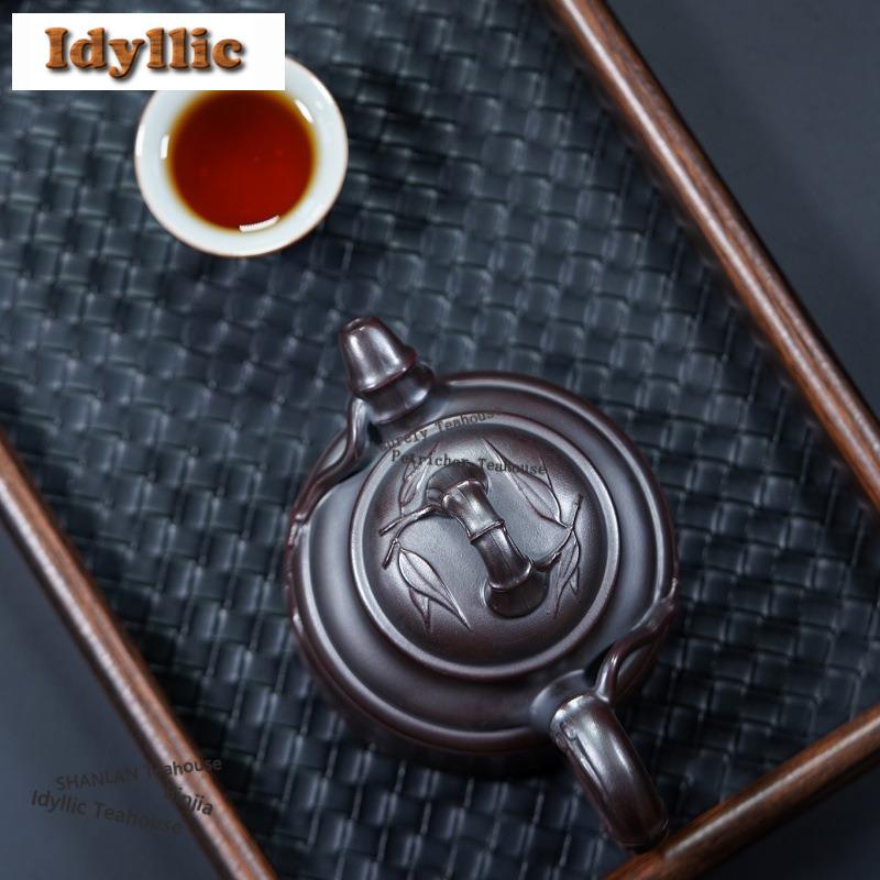 340ml Classic Yixing Purple Clay Teapots Handmade Engraved Bamboo Pot Raw Ore Antique Brass Mud Kettle Zisha Tea Set Ornaments