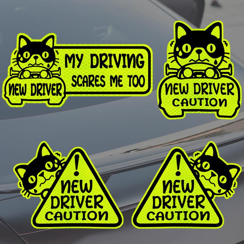 

Cartoon Novice Driver Reflective Car Sticker STUDENT+NEW+DRIVE+CAUTION Warning Sticker one