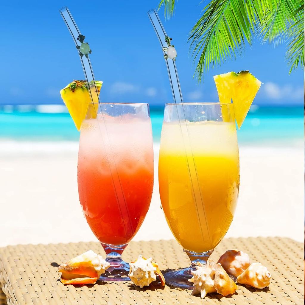 6 Pcs Glass Straw with Design Shatter Resistant Reusable Clear Bent Cute Straws 8 mm x 7.9 Inch with 2 Pcs Cleaning Brush for Drinking Smoothie