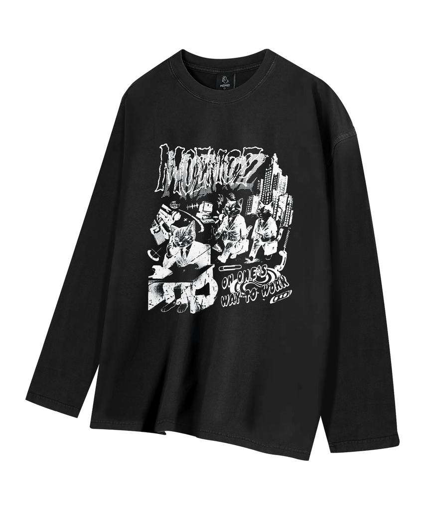 MOZMOZ Commuting Cat Graphic Pigment Long Sleeve Black