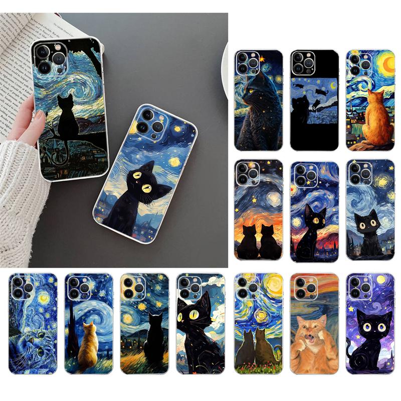 Phone Case For Iphone 17 Pro Max Air 16 15 14 13 Pro Max 15 16 Pro 15Plus Cat Starry Night Van Gogh