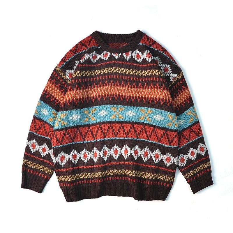 Men's New Style Jacquard Sweater for Autumn and Winter Vintage Japanese-style Crewneck Warm Loose Couples' Knitted Top