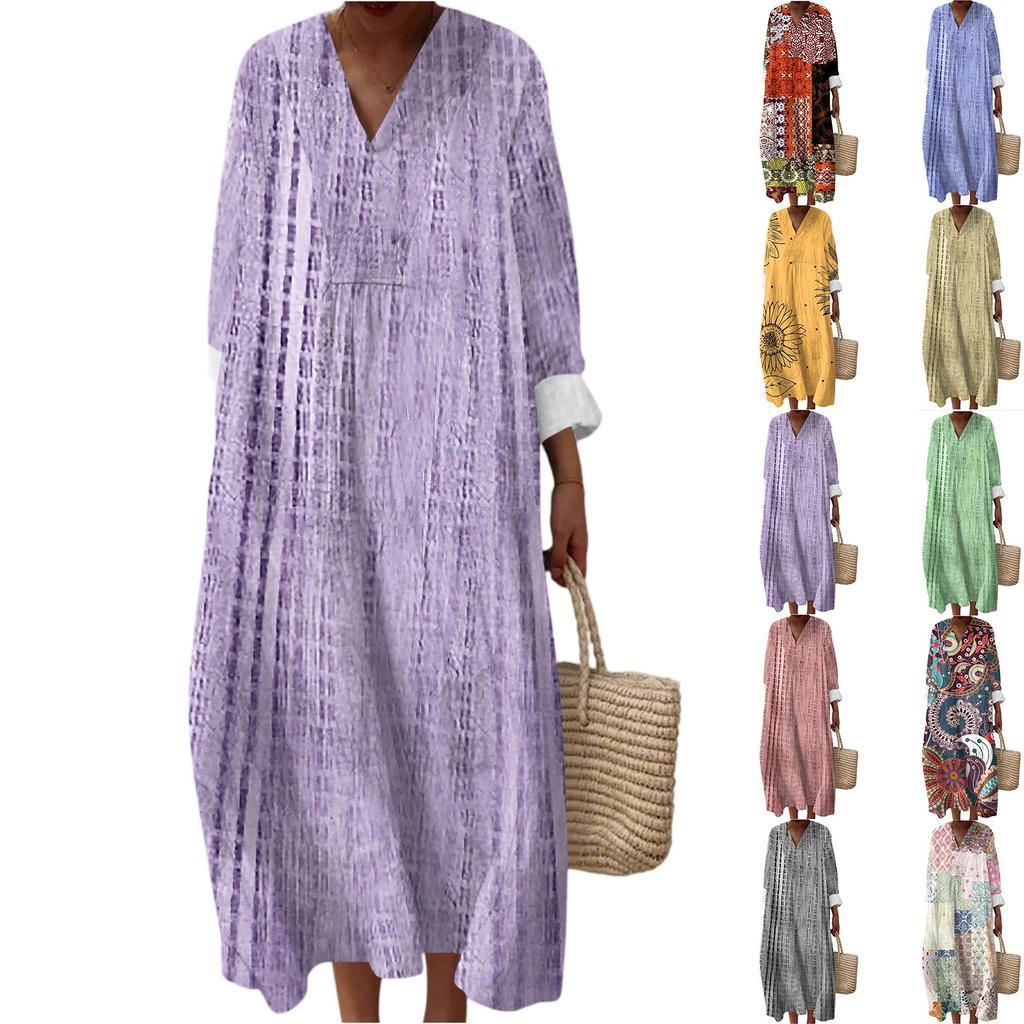 Women's Casual Fashion V-Neck Long Sleeve Floral Print Maxi Dress