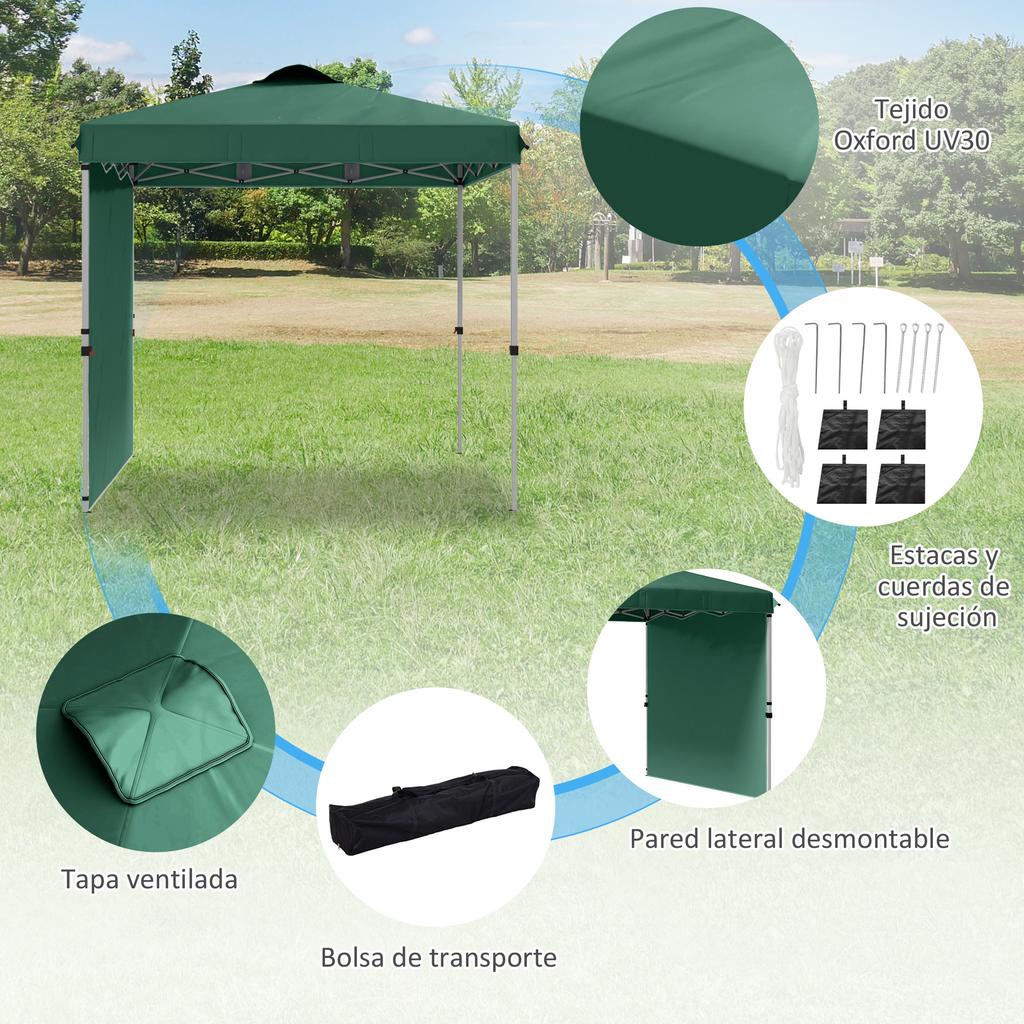 Folding Garden Tent of 2.5x2.5 M with Adjustable Height Anti-UV with 1 Side Wall and Sand Bags Green