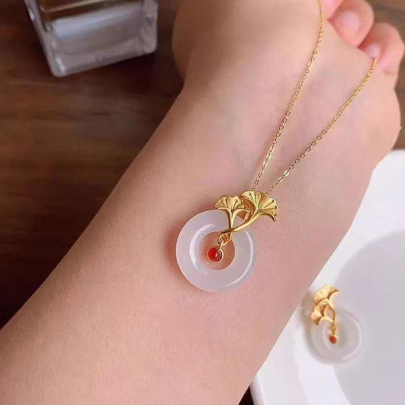 White Jade Ginkgo Leaf Pendant Necklace - Women's Retro Chinese Style Design