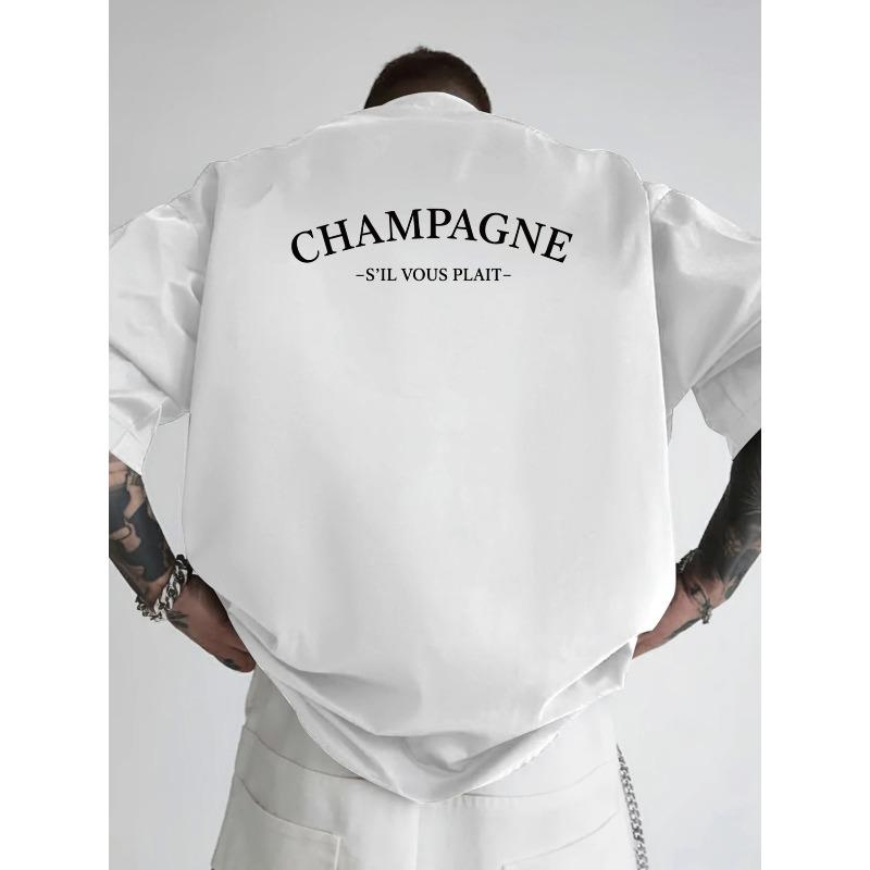 European Size 1pc Men's Oversized Drop Shoulder T-Shirt with Champagne Print - Loose Fit Short Sleeve Round Neck Tee