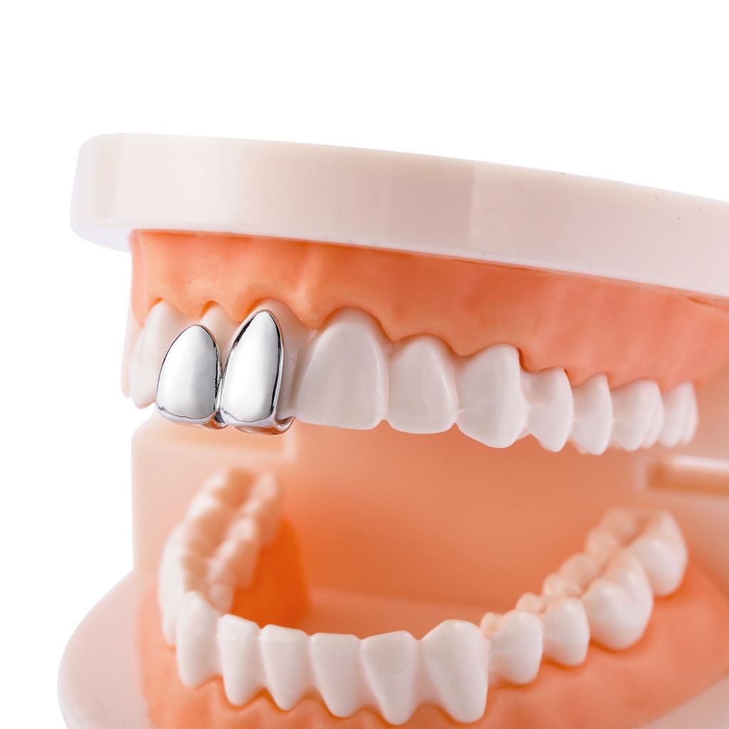 Triple Tone Hip Hop Grillz: Gold, Silver, Rose Gold Double Tooth Smooth Surface Fake Teeth Accessories