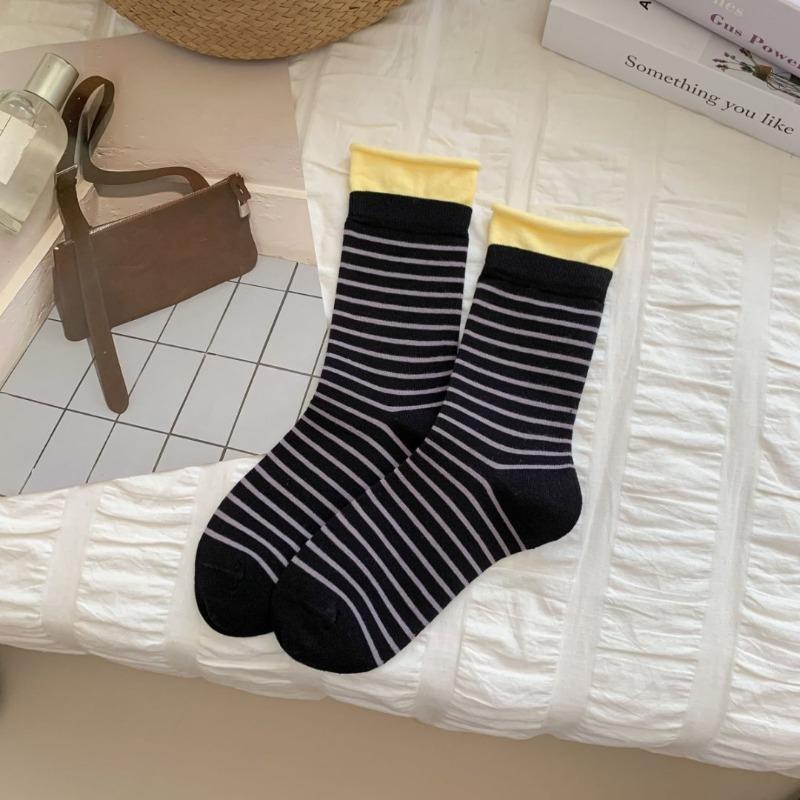 Autumn Trendy Socks: Double Slit Striped Contrasting Color Women's Socks, Breathable Combed Cotton Mid-calf Socks