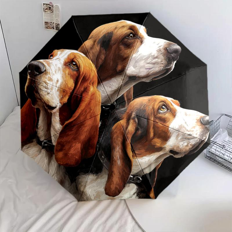 Black Puppy pattern, automatic folding umbrella, portable and foldable design, 8 ribs, a Christmas or birthday gift.