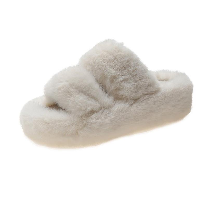 Mode Koreanische Doppelband Pelzpantoletten Damen warm flauschige Plateauschuhe dicksohlige Winterfleece Hausschuhe Damen Shearling Pantufa