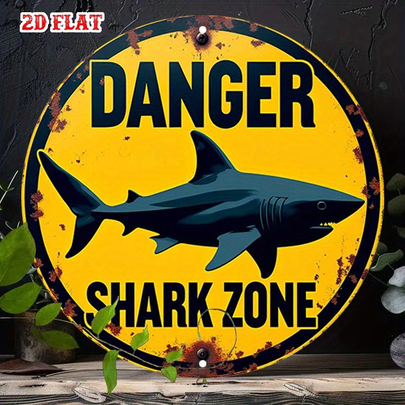 D Flat Round Aluminum Sign with Rustic Charm Featuring a Danger Warning for Shark Zones This Metal Tin Sign Serves
