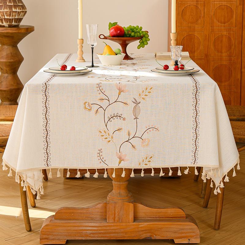 Three-dimensional Embroidery Table Cloth Light Luxury French Retro Rectangular Coffee Table Cloth High-grade Cotton Linen Decor