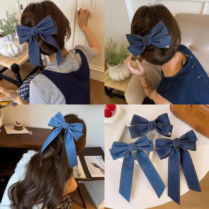 Denim Blue Ribbon Bowknot Hair Clips For Woman Girls Sweet Elegant Ponytail Hairpins Duckbill Clip Hair Accessories Gift