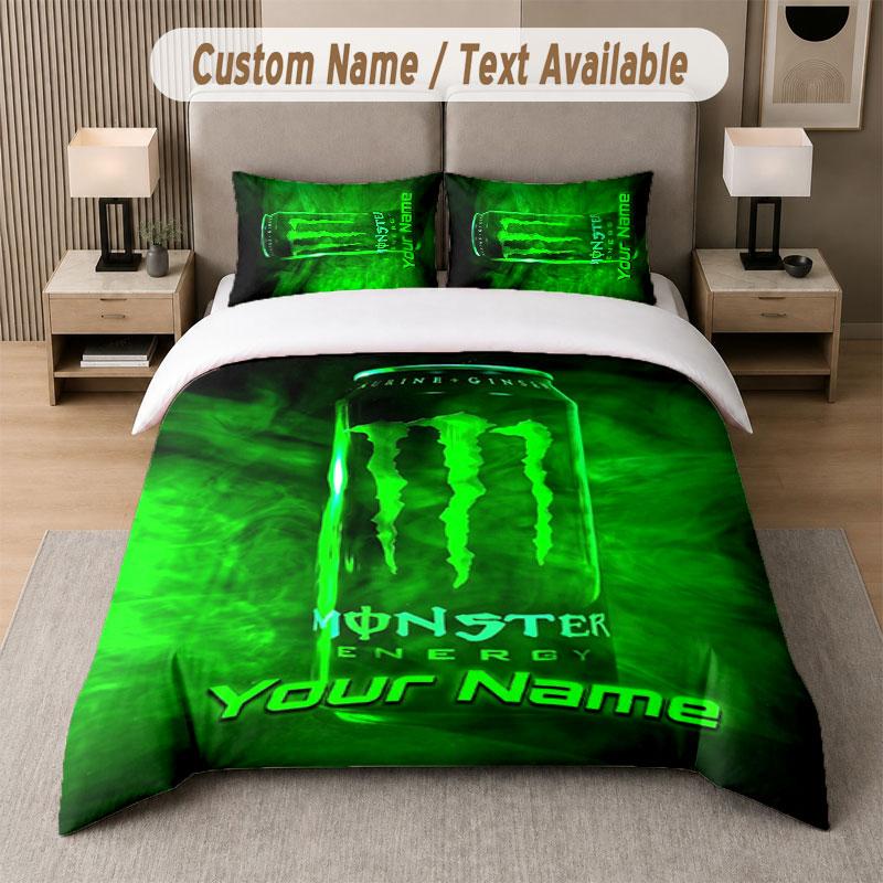 Set Biancheria da Letto Personalizzato Modello Monster Energy, Stampa Nome Testo 1 Copripiumino più 2 Federe Tessile per la Casa