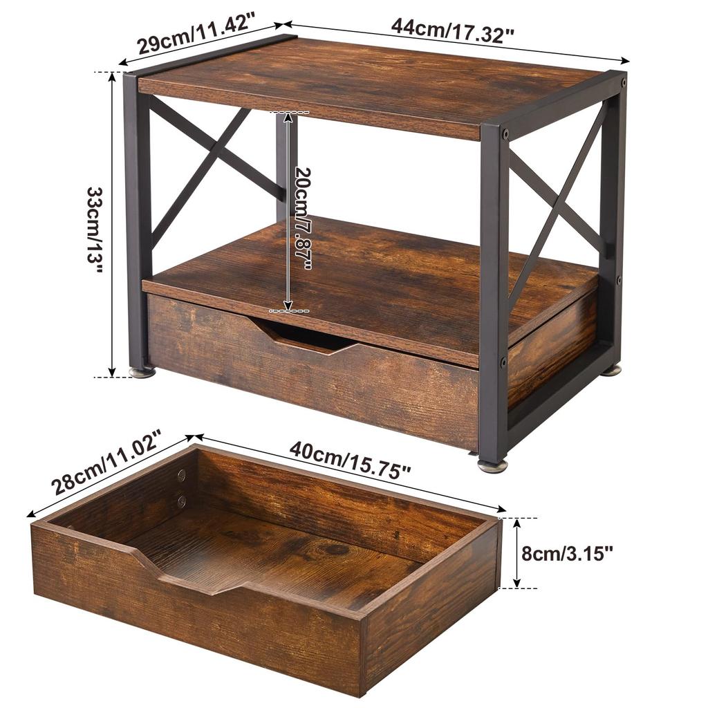 IBUYKE Wooden Printer Desk Storage Rack with Drawer Desktop 44cm X 29cm X 33cm Easy JPTLJ006H 2-Tier Stand, (Bottom Tier), & Under-Desk Storage, (W)