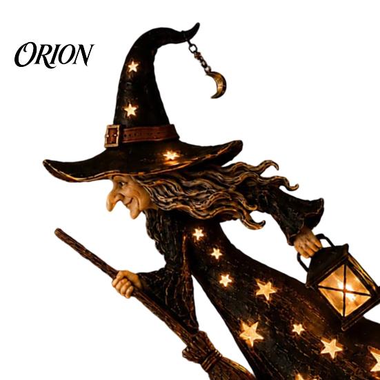 Halloween Witch Ornament Figurine with Star Light, Resin Tabletop Nightlight Lantern, Spooky Home Holiday Decoration Wizard Hat Broom Statue