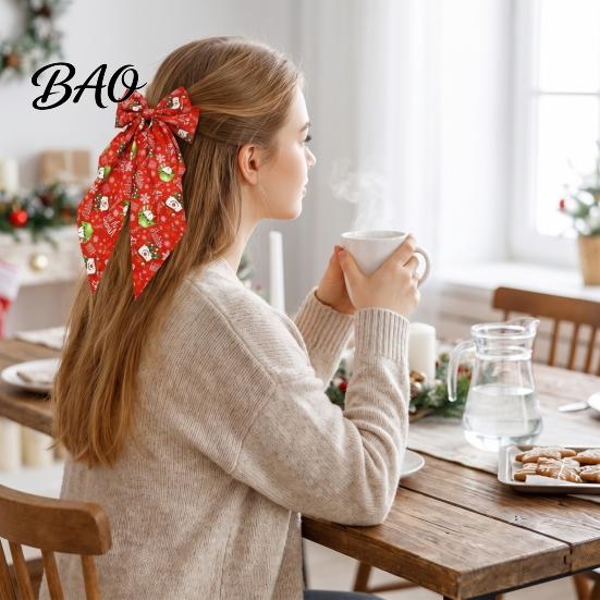 Red And Green Christmas Hair Clips Bows for Women Girls, Snowman Bow Clips, Handmade Elk Printed Bows, Festive Holiday Ribbons with Long Tail,