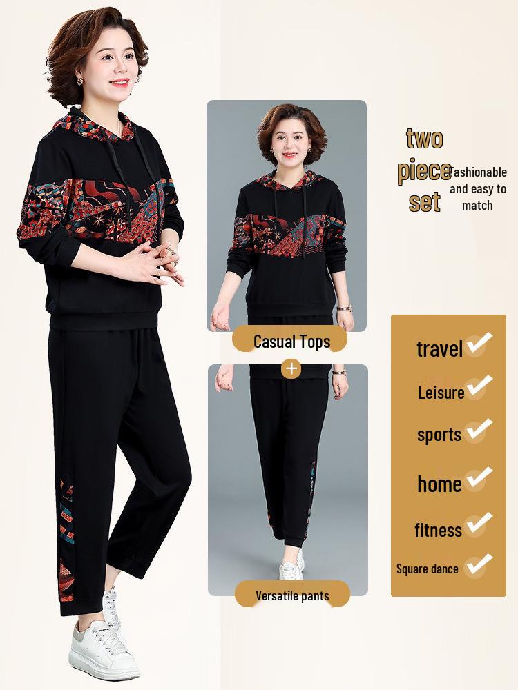 Woodpecker Autumn Sportswear Set for Middle-Aged Women – Fashionable Plus Size Two-Piece for Spring & Fall