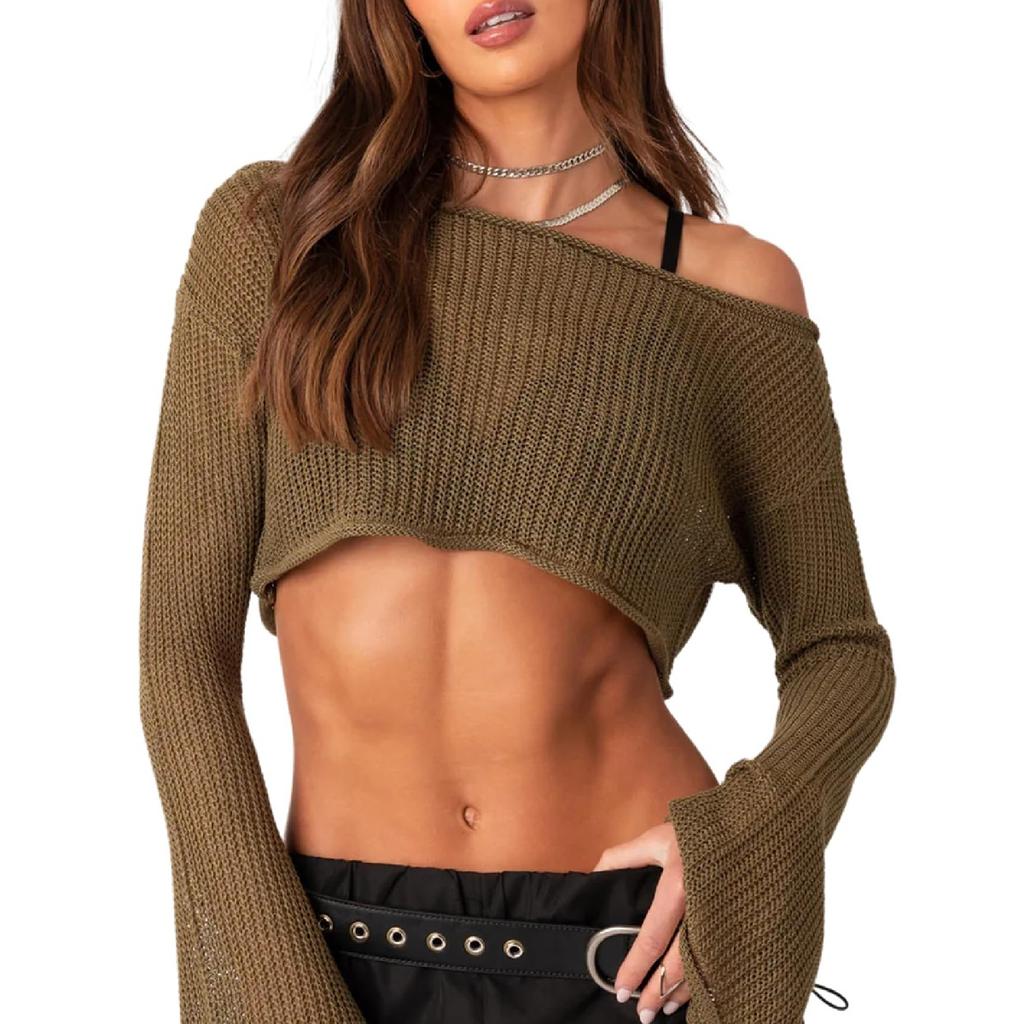 Damen Häkel-Strick-Crop-Top Y2k Langarm Kurzer Pullover Shrug Off Shoulder Hollow Out Strickoberteile