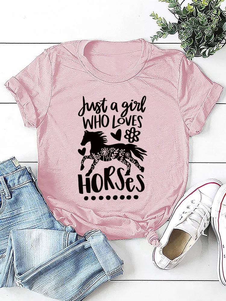 Just A Girl Love Horse Print Women T Shirt Short Sleeve O Neck Loose Women Tshirt Ladies Tee Shirt Tops Camisetas Mujer