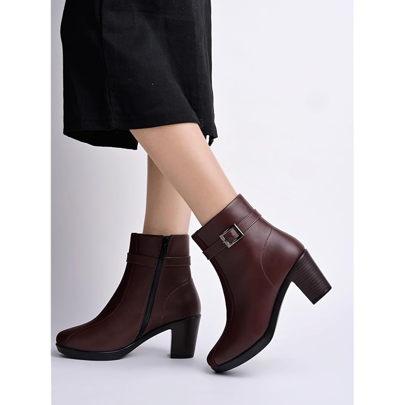 

Women S Brown Faux Leather Ankle Boots With Mid Heel And Buckle Strap Side Zipper Comfort Booties For Fall & Winter Eu3 5 UK коричневий