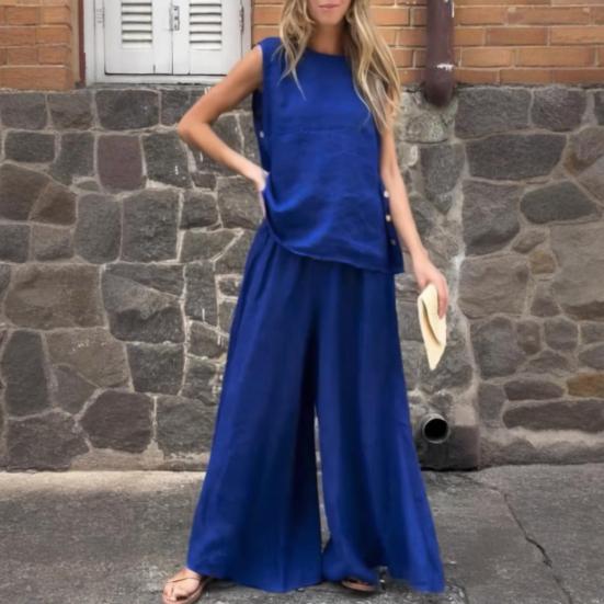 2-teiliges Sommer-Outfit für Damen, ärmelloses Tanktop und Hose mit weitem Bein, lässiges Lounge-Set aus Leinen und Baumwolle, passendes Strand-Set