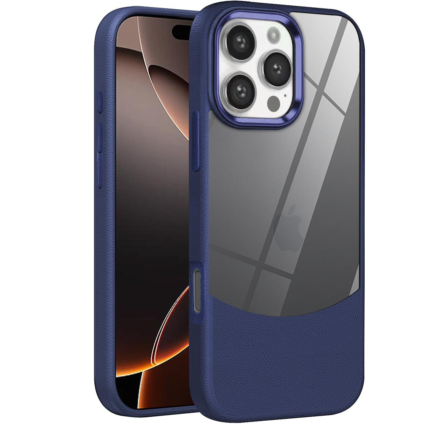 

2 IN 1 Splicing Leather Texture Clear Acrylic Case For iPhone 16 15 14 Plus 13 12 11 Pro Max Metal Lens Protect Shockproof Cover For iPhone 11 Pro темно-синього кольору