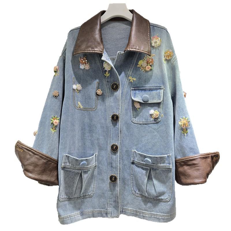 2025 Autumn/Winter Women's Floral Beaded PU Leather and Denim Color Block Jacket