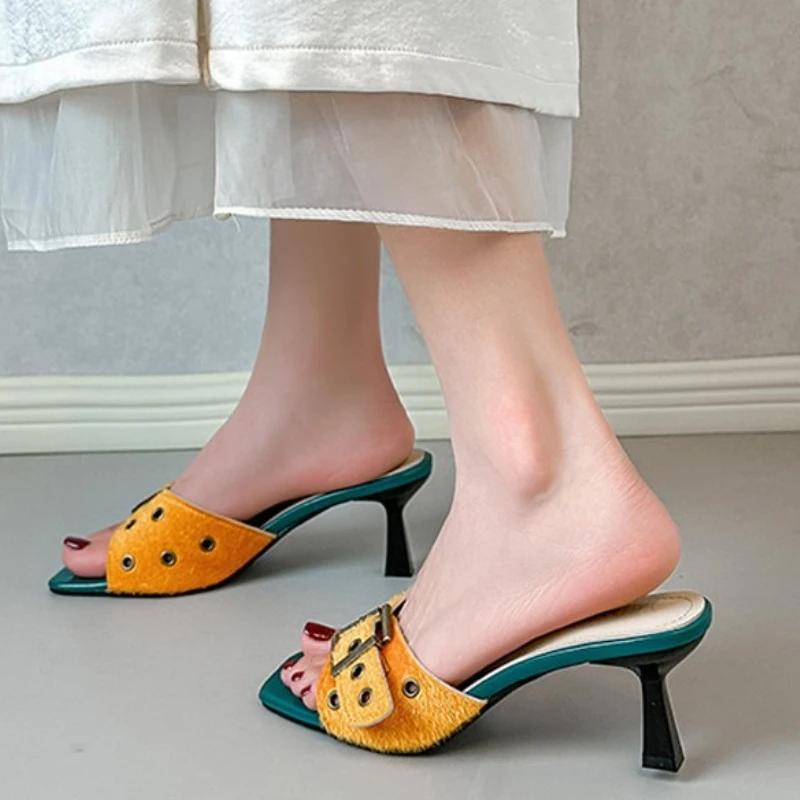 Fashion High Quality Faux Fur High Heel Slippers Women Fashion Mixed Color Square Toe Buckle Slide Slippers Comfort Brand Designer Shoes