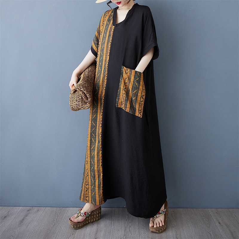 Striped Patchwork Black Long Dress Vintage Robe