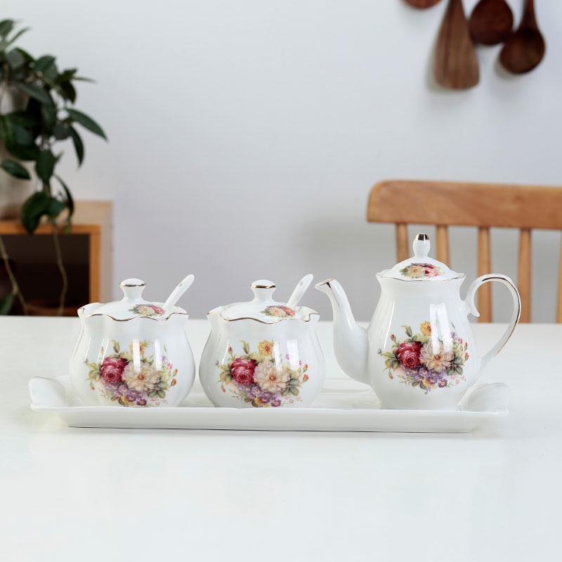 Lotus Ceramic Condiment Jar Set for Salt, Sugar, Soy Sauce, and Vinegar
