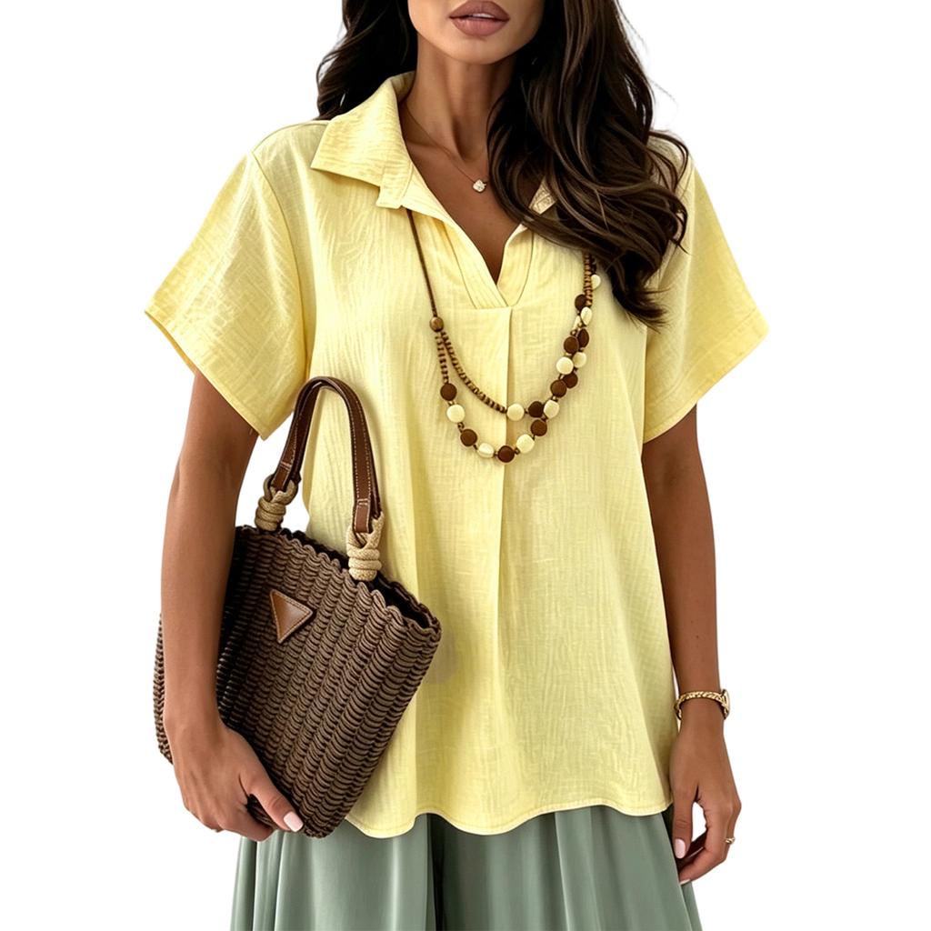 Women's Short Sleeve Shirt Loose Fit V Neck Collared Blouse Casual Wrinkled Texture Summer Top