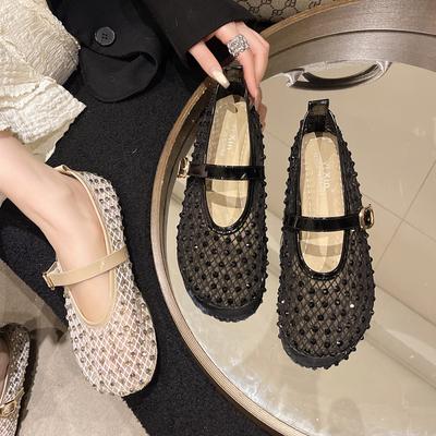 Luxury Crystal Covered Fishnet Mary Jane Shoes Elegant Brand Design Rhinestone Mesh Ballet Flats Ladies Bling Net Loafers