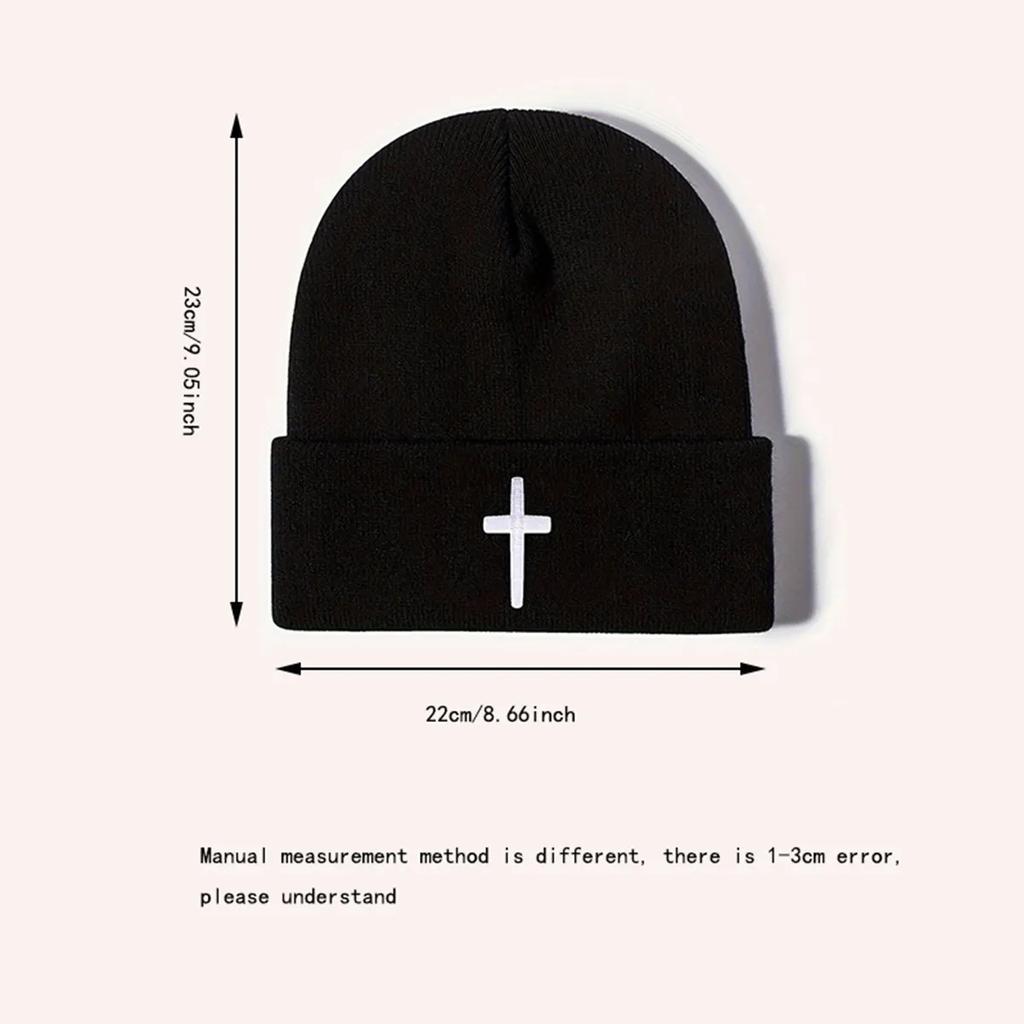 Natural NewFashionable Beanie: Cross Embroidered Knit Cap, Stylish Beanies for Women, Unisex Winter Hat for Outdoor Casual Wear