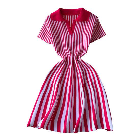 Women's Striped Dress Summer Dress V Vertical Vintage A-line Sweater Dress
