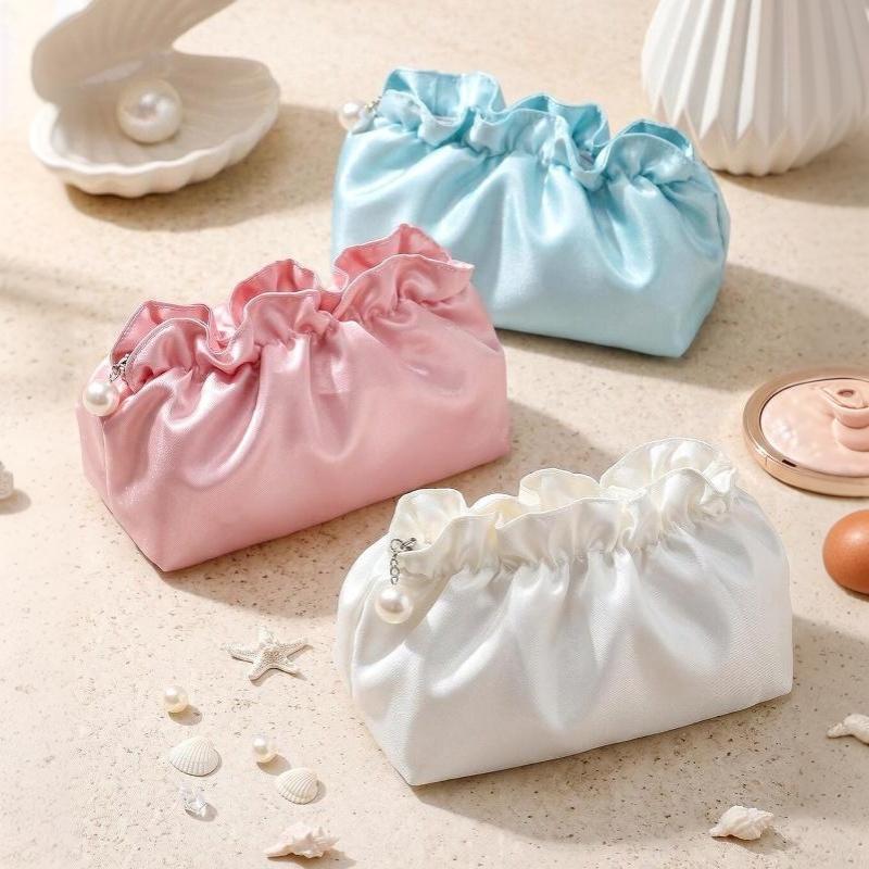 Portable Polyester Makeup Bag Cloud Shape Drawstring Closure Cosmetic Pouch Shiny Surface Large Capacity Travel Organizer Daily