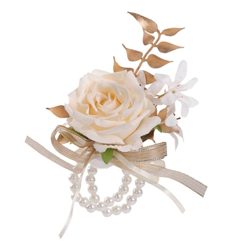 

Luxurious Artificial Flower Bride Wrist Flower Chest Corsage With Golden Foliage Design Wedding Party Wrist Jewelry шампанского/золотой