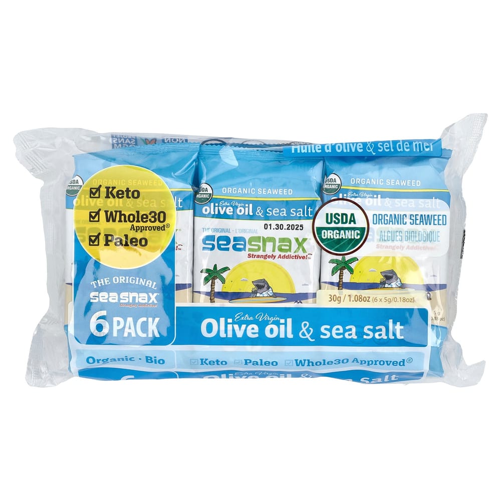 SeaSnax Original Seaweed Snacks with Extra Virgin Olive Oil & Sea Salt, 6-Pack (5g Each)