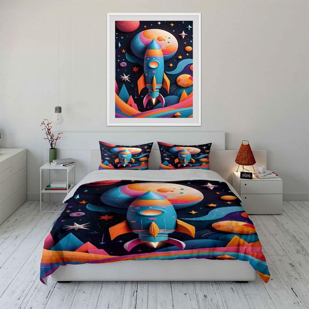 Bunte Rakete und Planeten. Bettwäsche-Sets Bettbezug-Sets Bettbezüge Kissenbezüge(1 * Bettbezug 2 * Kissenbezüge ohne Bettdecke)