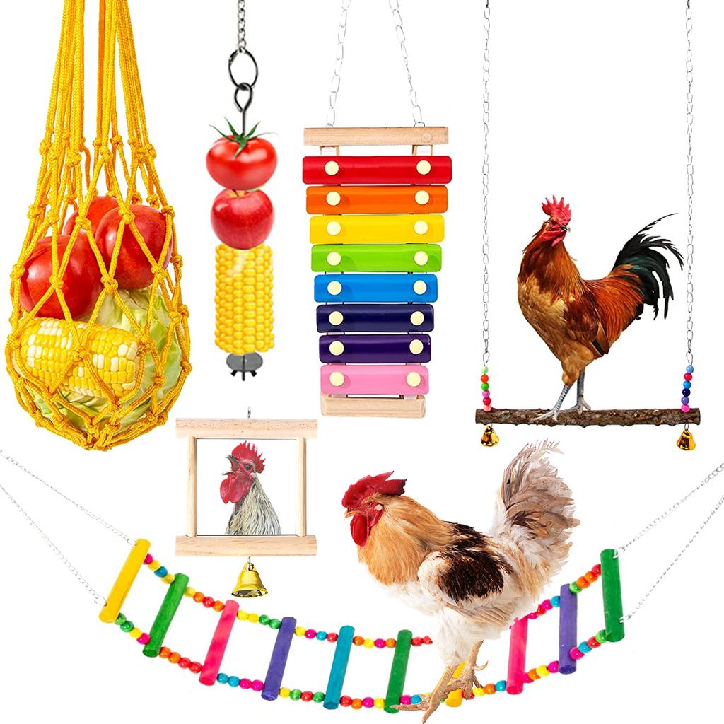 Chewing Foraging Toys Chicken Toys Set Parrot Playing Training Toys with Wooden Swing Fruit Vegetable Hanging Feeder Bell Toys